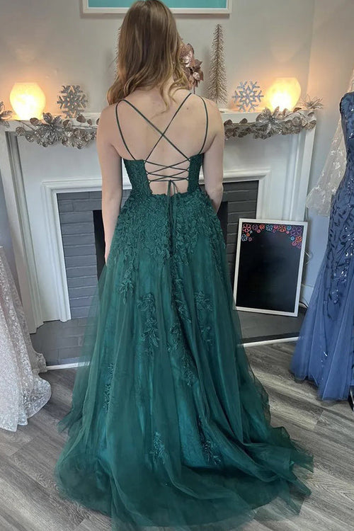 Vestido de fiesta largo de tul verde oscuro con tirantes finos y corte en A PSK586