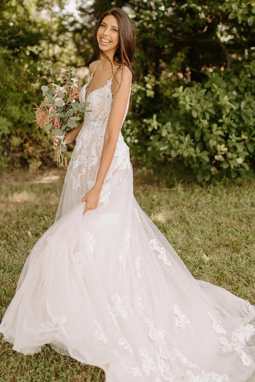 Vestido de novia rústico de tul con tirantes finos y apliques, corte A, WD656
