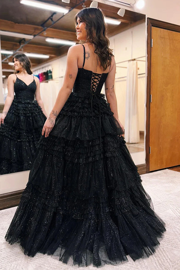 Vestido de fiesta largo de tul con escote en V, tirantes finos y corte en A PSK528