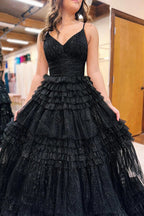 Vestido de fiesta largo de tul con escote en V, tirantes finos y corte en A PSK528