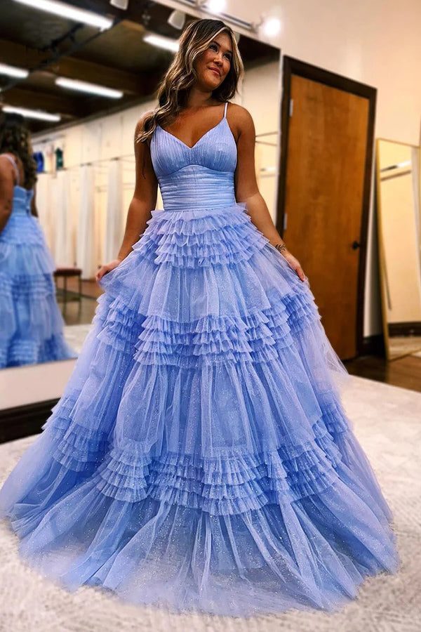 Vestido de fiesta largo de tul con escote en V, tirantes finos y corte en A PSK528