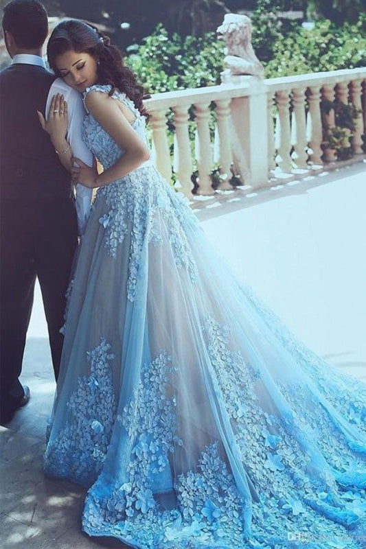 A-Linie Quadratische Kapelle Schleppe Ärmellos Blau Tüll Brautkleid WD183