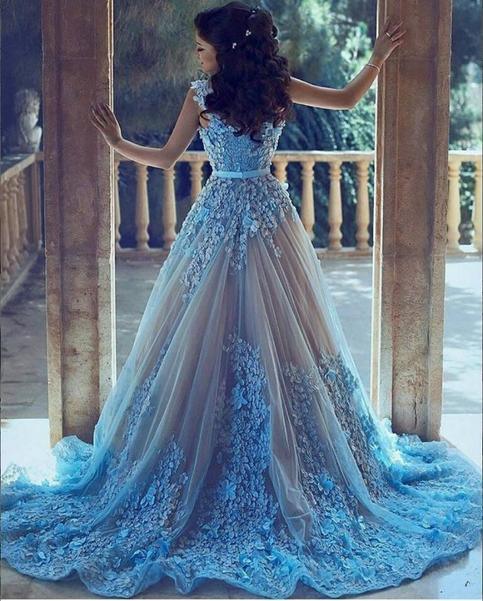 Vestido de novia de tul azul, sin mangas, corte A, cola capilla cuadrada, WD183