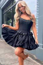 A-Linie trägerloses schwarzes kurzes Homecoming-Kleid mit Schleife PD560