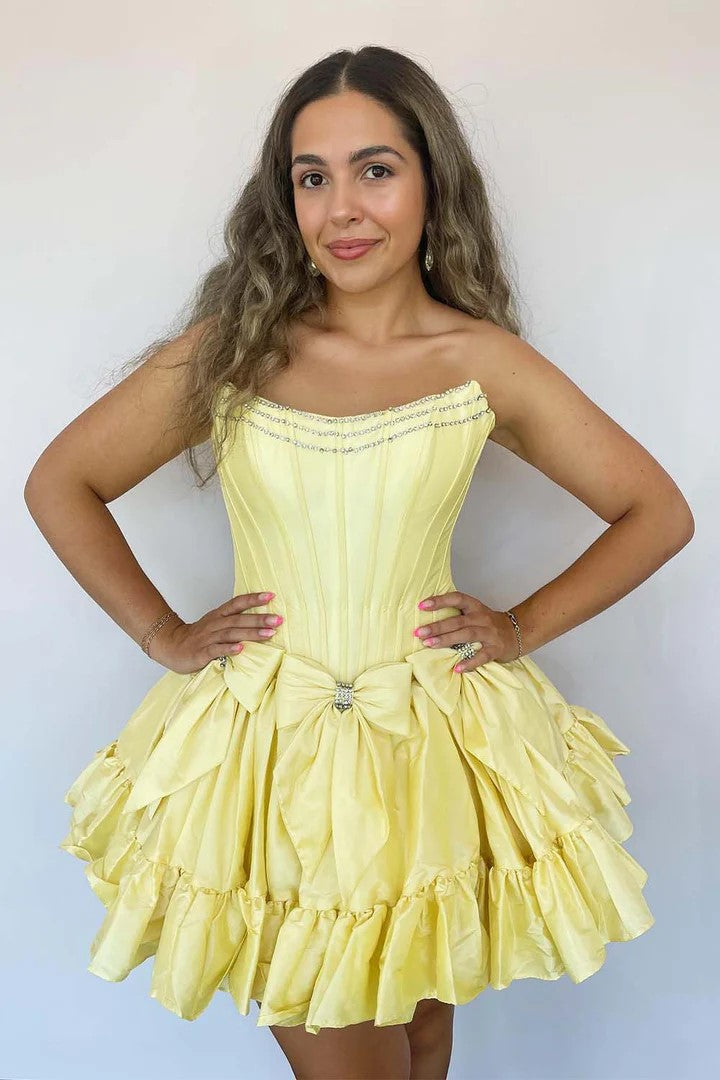 A-Linie trägerloses schwarzes kurzes Homecoming-Kleid mit Schleife PD560
