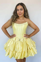 A-Linie trägerloses schwarzes kurzes Homecoming-Kleid mit Schleife PD560