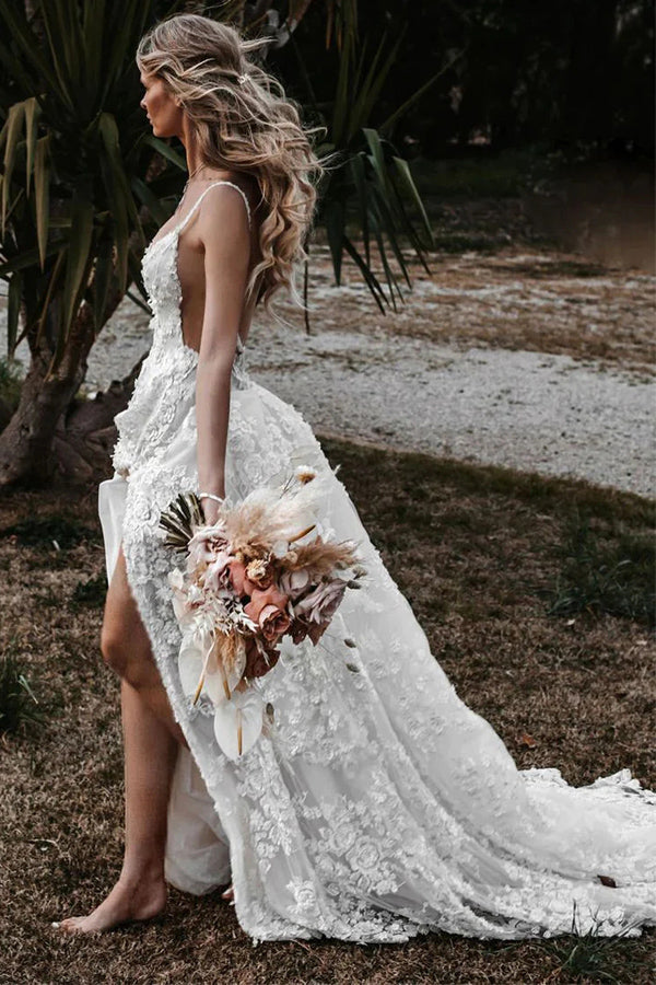 A-Linie Träger Spitze Strand Brautkleid Boho Brautkleid mit Schlitz WD657