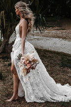 A-Linie Träger Spitze Strand Brautkleid Boho Brautkleid mit Schlitz WD657
