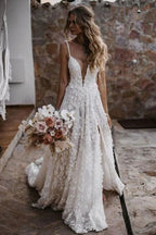 A-Linie Träger Spitze Strand Brautkleid Boho Brautkleid mit Schlitz WD657