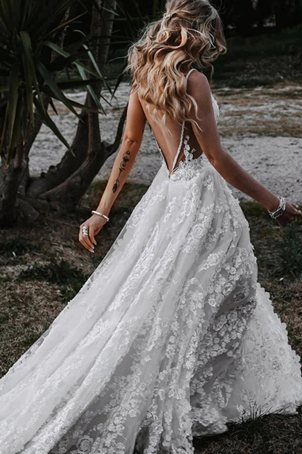 A-Linie Träger Spitze Strand Brautkleid Boho Brautkleid mit Schlitz WD657