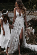 A-Linie Träger Spitze Strand Brautkleid Boho Brautkleid mit Schlitz WD657