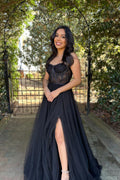 A-Linie Herzausschnitt Schwarze Spitze Langes Ballkleid Abendkleid PSK395