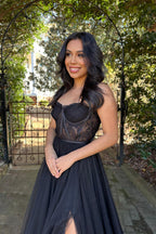 A-Linie Herzausschnitt Schwarze Spitze Langes Ballkleid Abendkleid PSK395