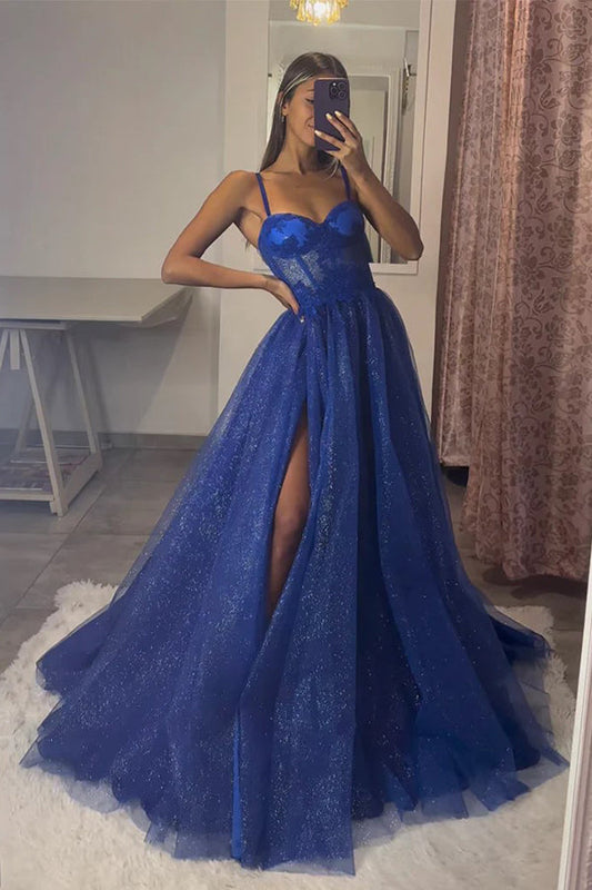 A-Linie Herzausschnitt Tüll Spitze Königsblau Langes Ballkleid PSK491