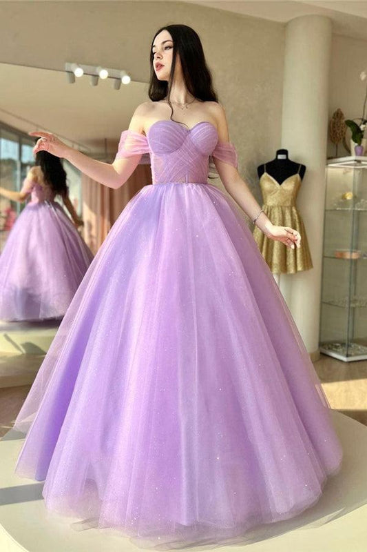 A-Linie Herzausschnitt Tüll Lila Langes Ballkleid Abendkleider PSK364