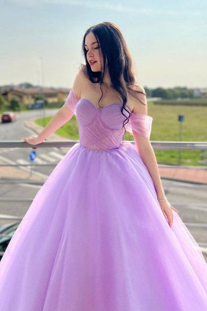 A-Linie Herzausschnitt Tüll Lila Langes Ballkleid Abendkleider PSK364
