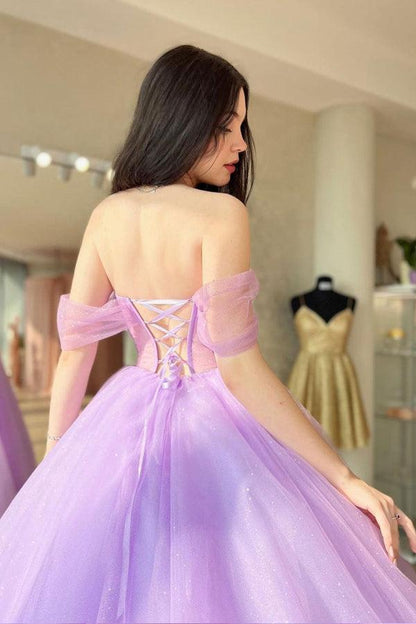A-Linie Herzausschnitt Tüll Lila Langes Ballkleid Abendkleider PSK364