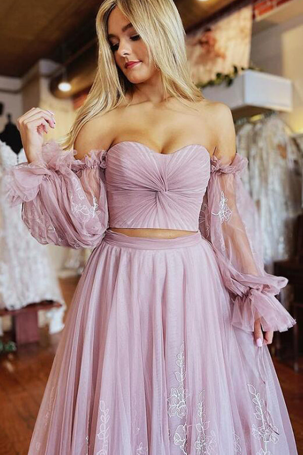 Vestido de fiesta rosa empolvado de dos piezas con corte en A y mangas PSK508