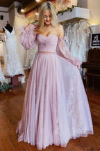 Vestido de fiesta rosa empolvado de dos piezas con corte en A y mangas PSK508
