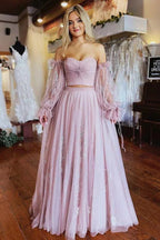 Vestido de fiesta rosa empolvado de dos piezas con corte en A y mangas PSK508