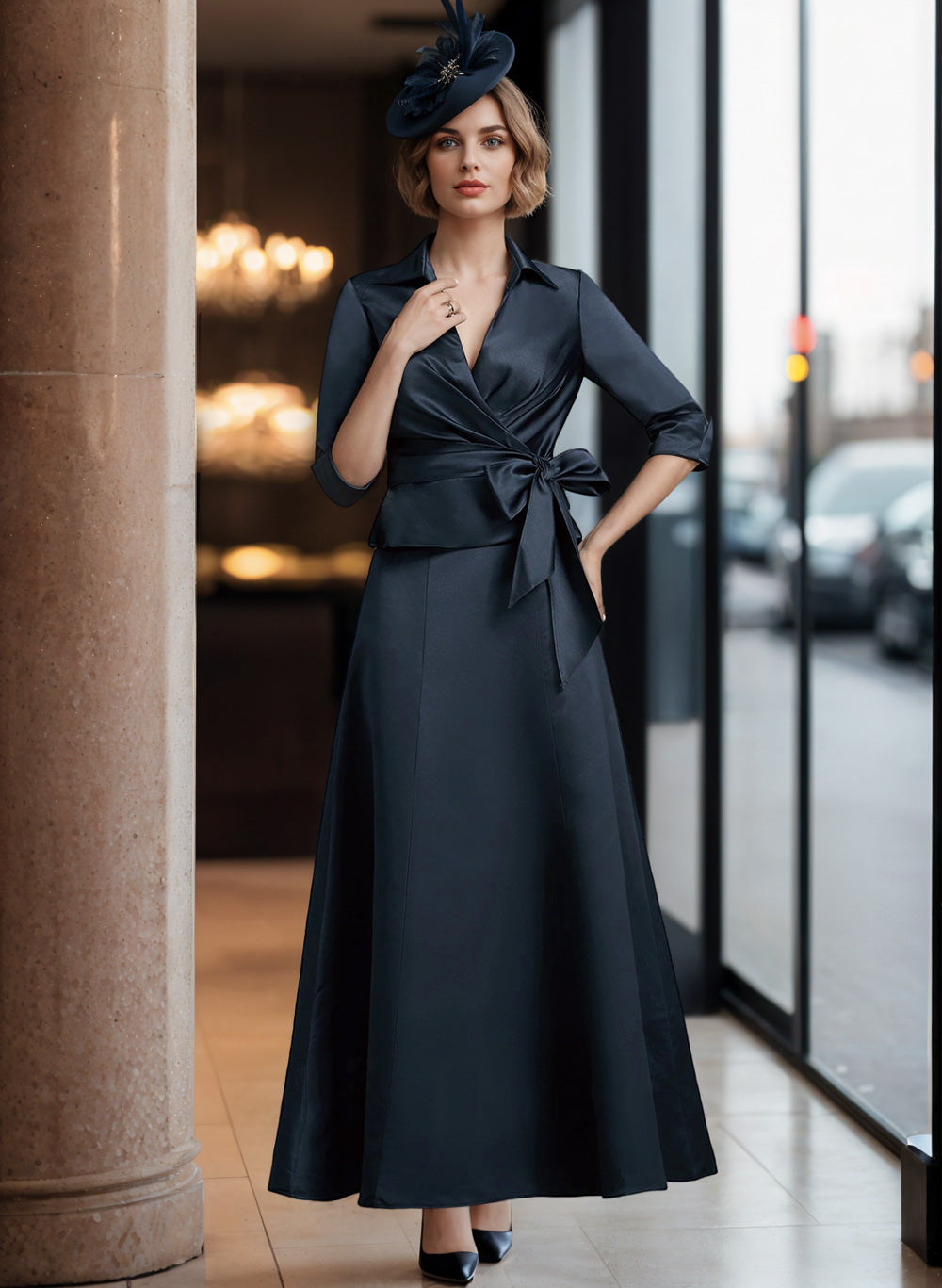 Vestidos de satén para madre de la novia con escote en V, corte princesa/corte A
