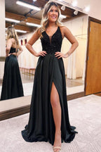 Vestido de fiesta largo negro con escote en V y bolsillos, corte A PSK399