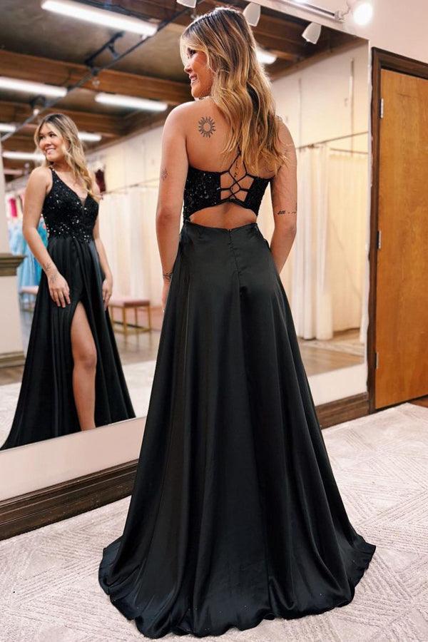 Vestido de fiesta largo negro con escote en V y bolsillos, corte A PSK399