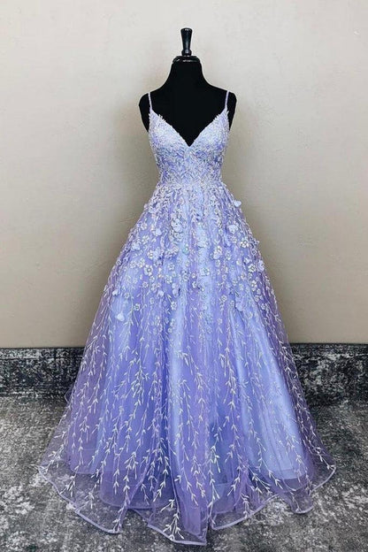 A-Linie V-Ausschnitt Lavendel Spitze Blumen Langes Ball-/Abendkleid PSK385
