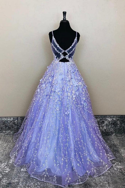 A-Linie V-Ausschnitt Lavendel Spitze Blumen Langes Ball-/Abendkleid PSK385