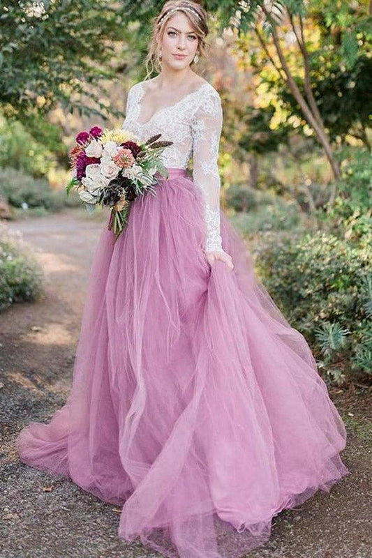 A-Linie V-Ausschnitt Langarm Rosa Tüll Brautkleid mit Spitzenapplikationen WD545