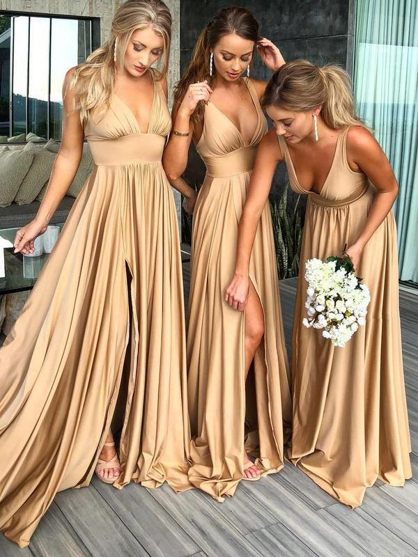Vestido de fiesta de graduación de licra, corte en A, escote en V, cola larga, de paja y abertura, PG658