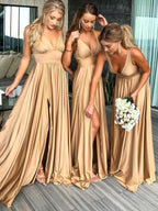 Vestido de fiesta de graduación de licra, corte en A, escote en V, cola larga, de paja y abertura, PG658