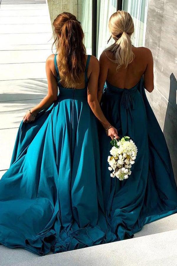 Vestido de fiesta de graduación de licra, corte en A, escote en V, cola larga, de paja y abertura, PG658