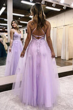 Vestido de fiesta de noche con escote en V, corte A, tul lila, abertura larga, PSK405