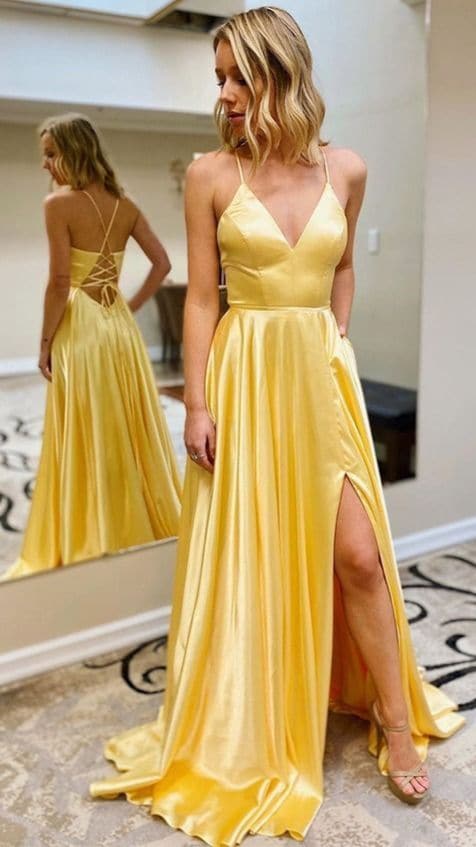 Satin Prom Dresses V-neckline Slit In Prom Dress SYP3