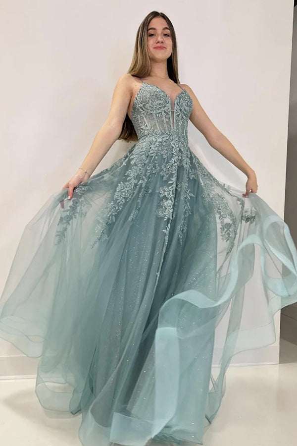 A-Linie V-Ausschnitt Tüll Spitze Grau Grün Langes Ballkleid PSK506