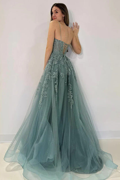 A-Linie V-Ausschnitt Tüll Spitze Grau Grün Langes Ballkleid PSK506