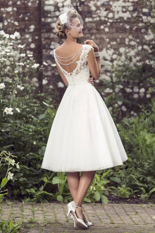 Vestido de novia de corte A, largo hasta la rodilla, con encaje, WD747