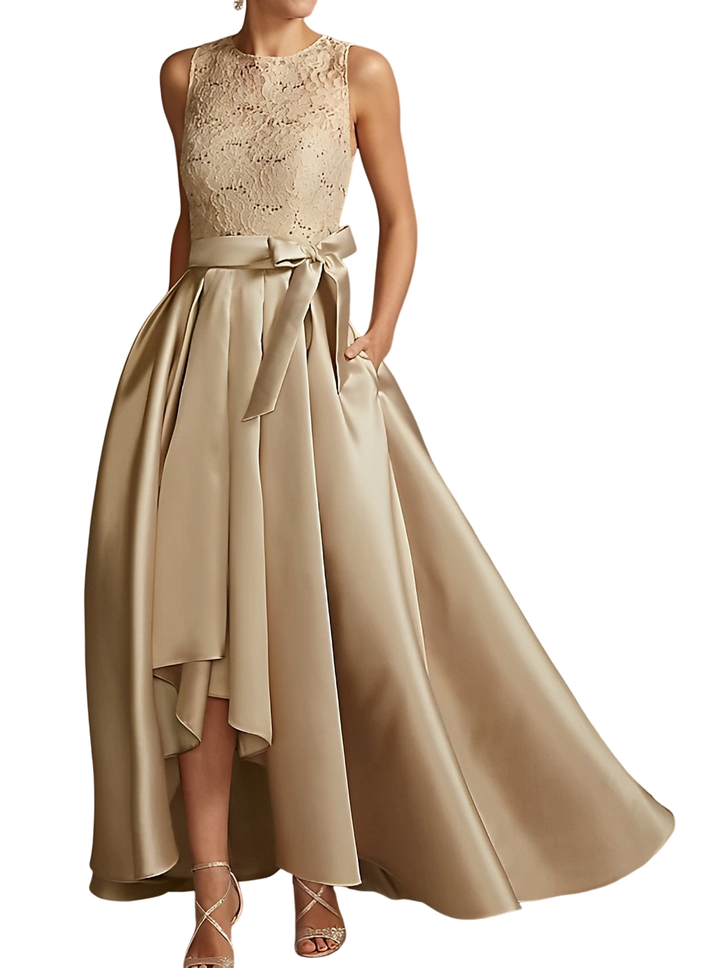 Vestidos de madre de la novia de corte A/princesa, sin mangas, con escote joya y encaje plisado