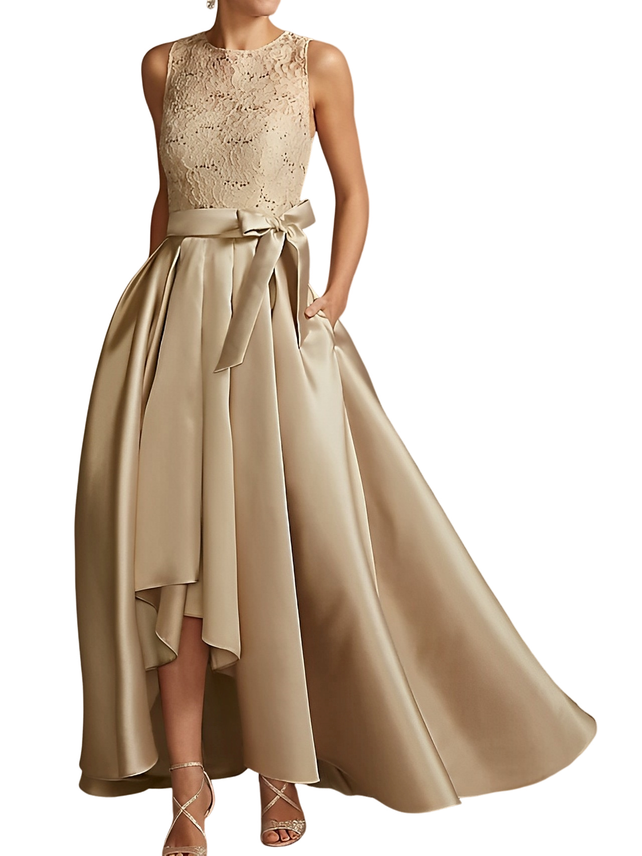 Vestidos de madre de la novia de corte A/princesa, sin mangas, con escote joya y encaje plisado