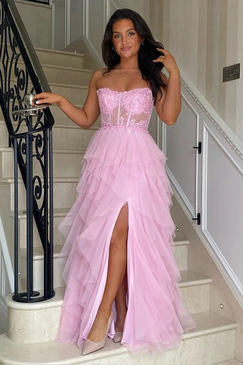 Vestido de fiesta largo rosa con abertura, volantes, apliques y corsé, corte A, PSK604