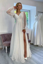 A-Linie, glitzerndes V-Ausschnitt, lange Ärmel, Strand-Brautkleid WD750