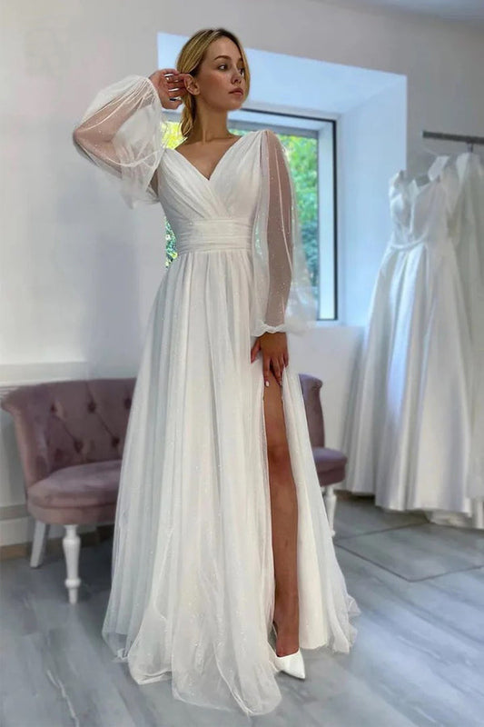 A-Linie, glitzerndes V-Ausschnitt, lange Ärmel, Strand-Brautkleid WD750