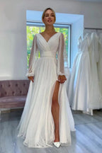 A-Linie, glitzerndes V-Ausschnitt, lange Ärmel, Strand-Brautkleid WD750