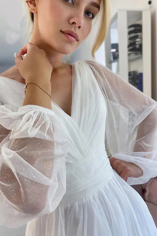 A-Linie, glitzerndes V-Ausschnitt, lange Ärmel, Strand-Brautkleid WD750