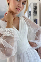 A-Linie, glitzerndes V-Ausschnitt, lange Ärmel, Strand-Brautkleid WD750