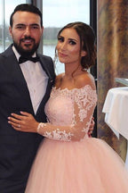 A-Linie, schulterfrei, lange Ärmel, zartrosa, Brautkleid WD688