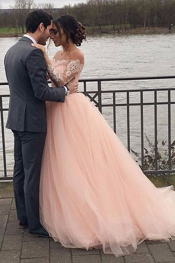A-Linie, schulterfrei, lange Ärmel, zartrosa, Brautkleid WD688