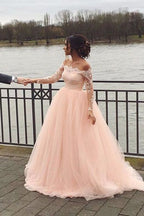 A-Linie, schulterfrei, lange Ärmel, zartrosa, Brautkleid WD688