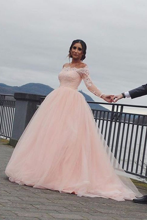 A-Linie, schulterfrei, lange Ärmel, zartrosa, Brautkleid WD688